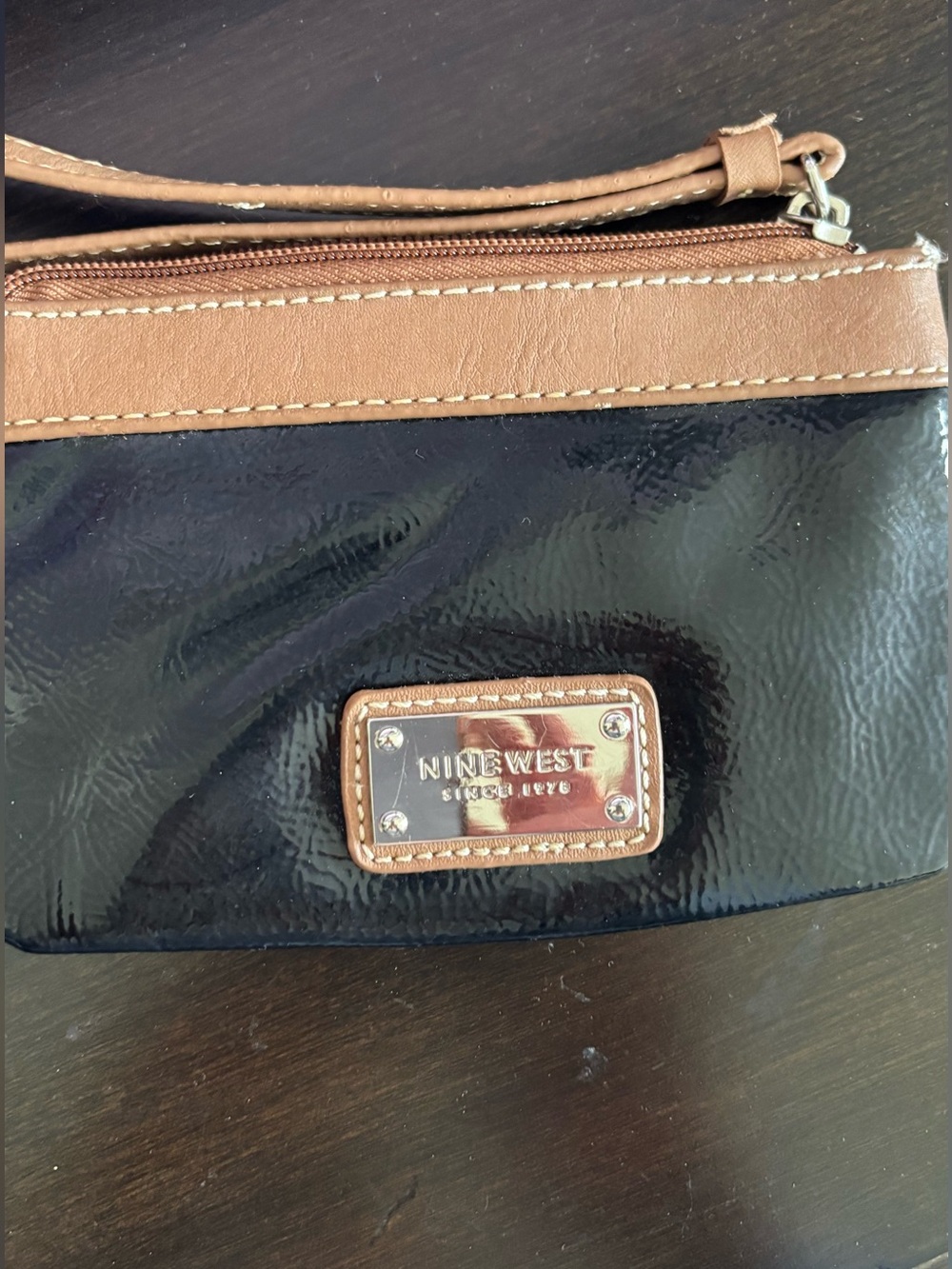 Nine West Black Patent Wristlet with Brown Trim